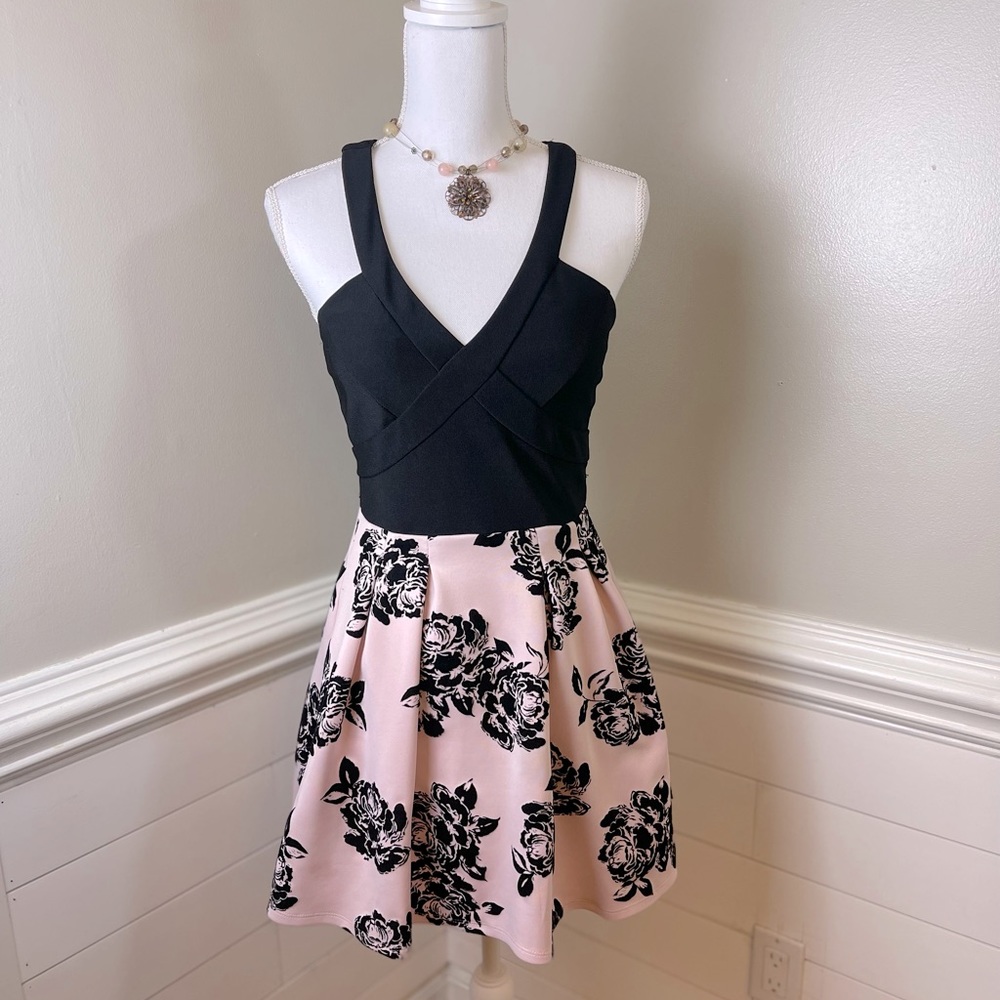 Crystal Doll Black & Blush Pink Flocked Floral Dress 7 (jrs.) FREE SHIP